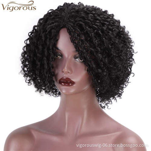 Vigorous Short Afro for Black Women Kinky Curly Synthetic Part Side African American Natural Black Wigs